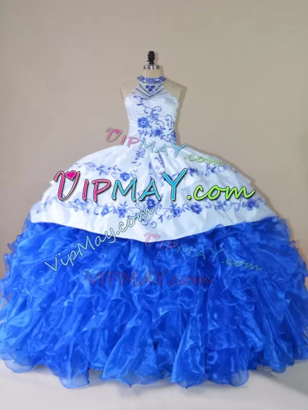 crystal quinceanera dress,white and blue quinceanera dress,beaded bodice quinceanera dress,white and royal blue quinceanera dress,puffy bottom quinceanera dress,ruffled quinceanera dress,quinceanera dress with embroidery,halter top quinceanera dress,illusion neckline quinceanera dress,see through neckline quinceanera dress,white and blue sweet 16 dress,quinceanera dress with train,two piece quinceanera dress,detachable quinceanera dress,