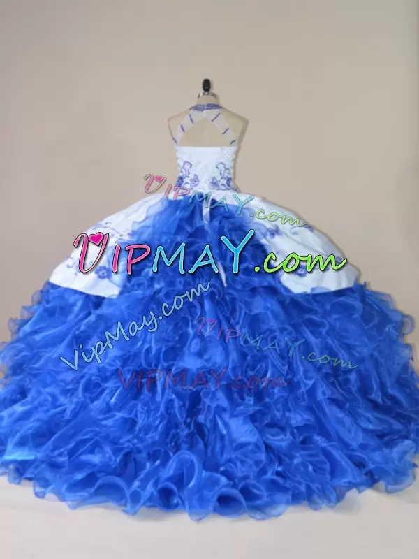 crystal quinceanera dress,white and blue quinceanera dress,beaded bodice quinceanera dress,white and royal blue quinceanera dress,puffy bottom quinceanera dress,ruffled quinceanera dress,quinceanera dress with embroidery,halter top quinceanera dress,illusion neckline quinceanera dress,see through neckline quinceanera dress,white and blue sweet 16 dress,quinceanera dress with train,two piece quinceanera dress,detachable quinceanera dress,
