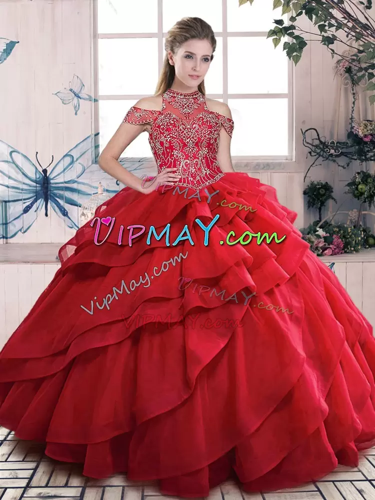 Delicate Sleeveless Organza Floor Length Lace Up Quinceanera Dresses in Red with Beading and Ruffled Layers