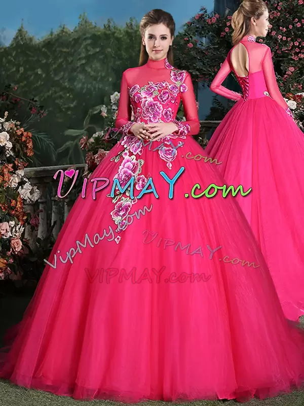 Coral Red High-neck Neckline Appliques Sweet 16 Quinceanera Dress Long Sleeves Lace Up