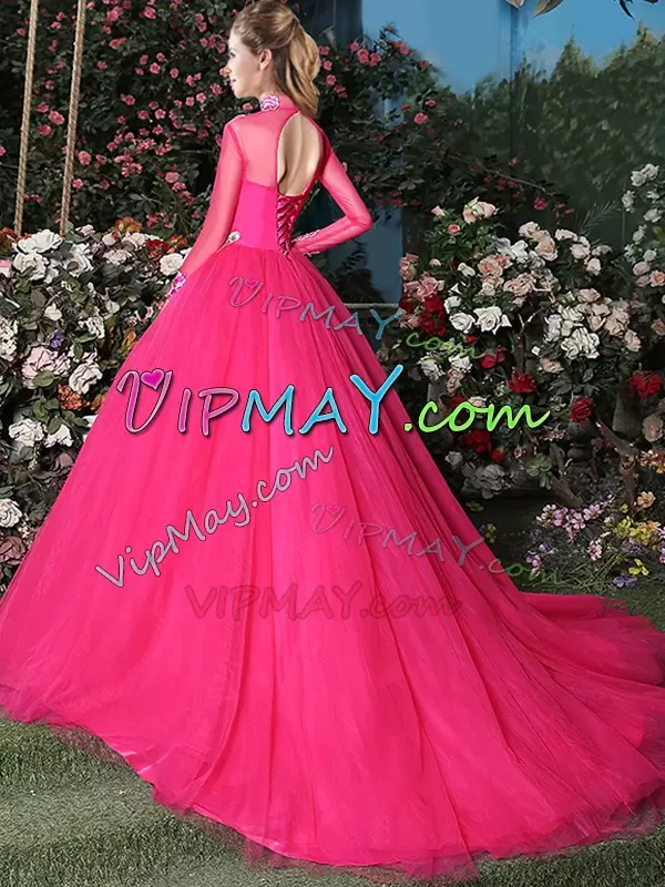 Coral Red High-neck Neckline Appliques Sweet 16 Quinceanera Dress Long Sleeves Lace Up