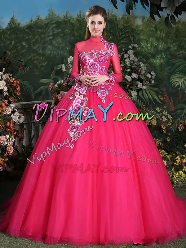 Coral Red High-neck Neckline Appliques Sweet 16 Quinceanera Dress Long Sleeves Lace Up