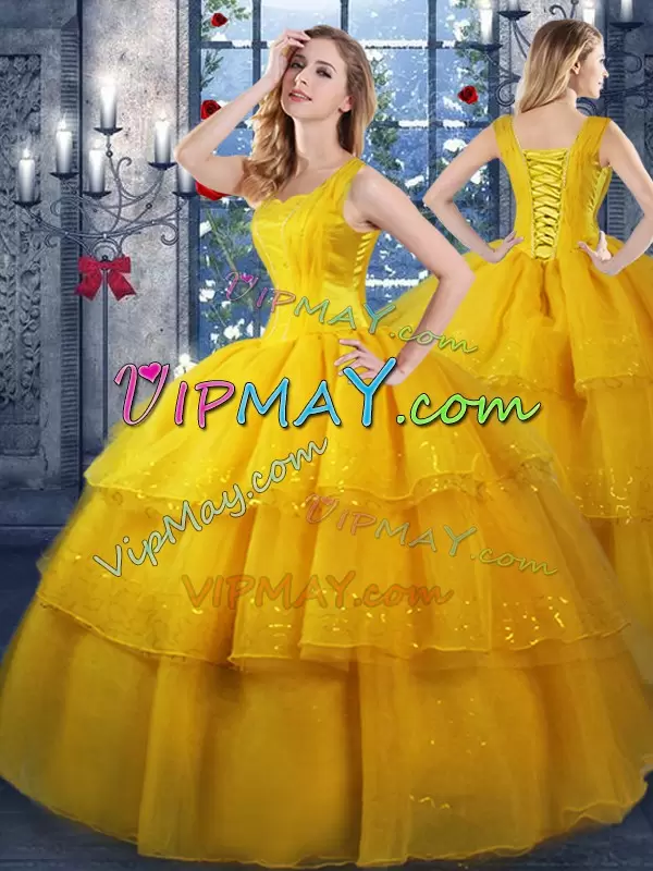 Gold Organza Lace Up Vestidos de Quinceanera Sleeveless Floor Length Ruffled Layers