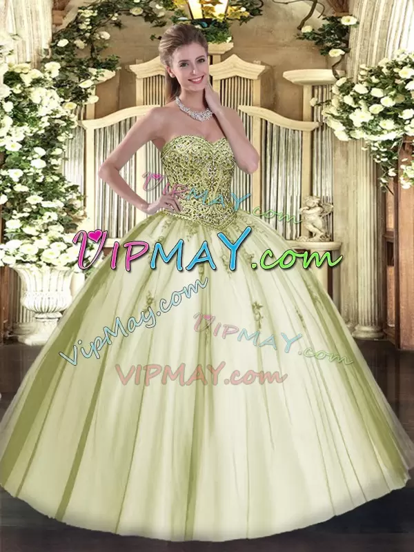 Fantastic Sleeveless Floor Length Beading Lace Up Quinceanera Gown with Olive Green