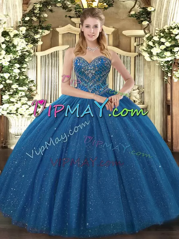 Fitting Teal Sleeveless Beading Floor Length Ball Gown Prom Dress