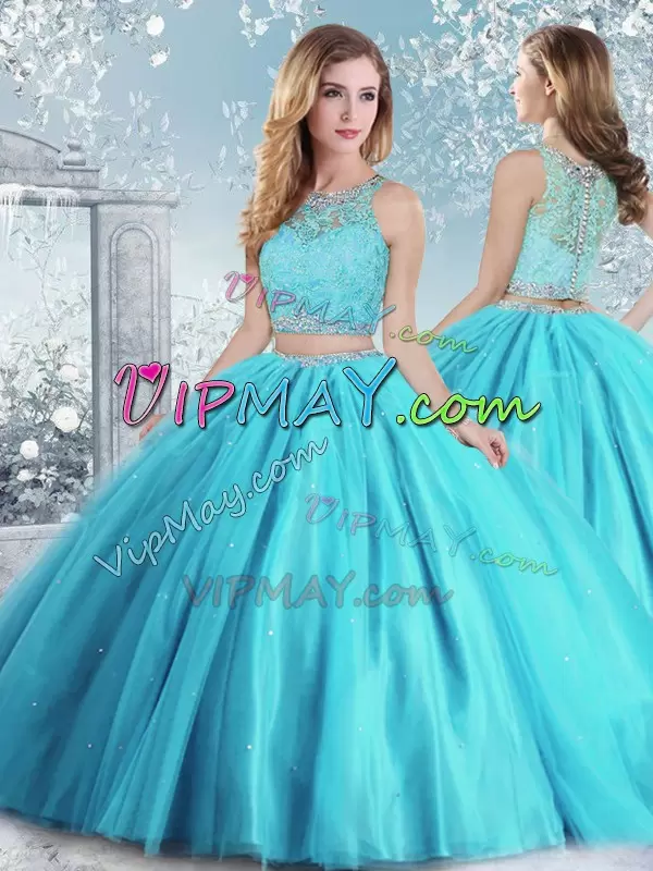 Deluxe Floor Length Ball Gowns Sleeveless Aqua Blue Quinceanera Dresses Clasp Handle