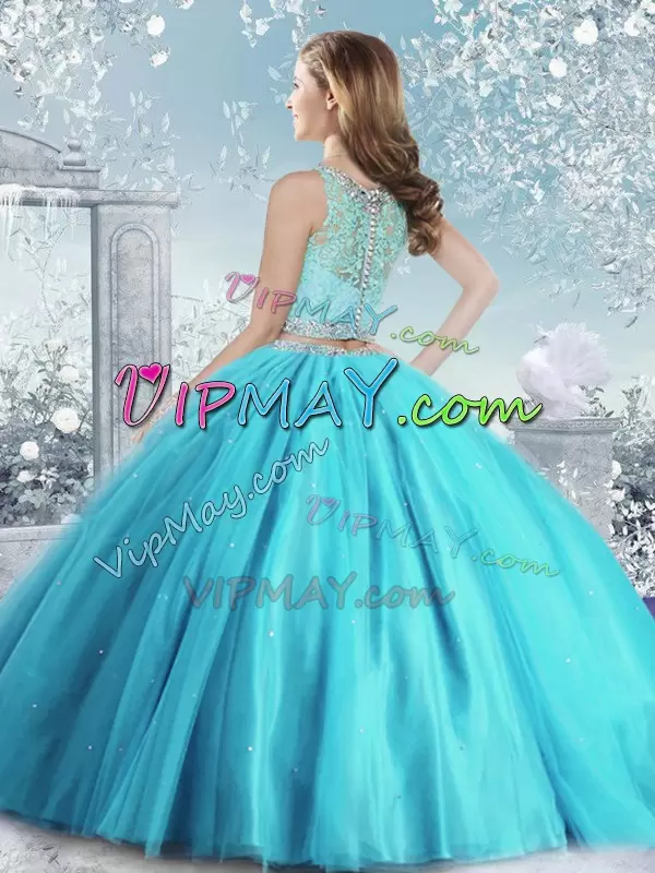 Deluxe Floor Length Ball Gowns Sleeveless Aqua Blue Quinceanera Dresses Clasp Handle