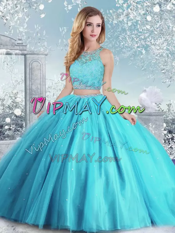 Deluxe Floor Length Ball Gowns Sleeveless Aqua Blue Quinceanera Dresses Clasp Handle