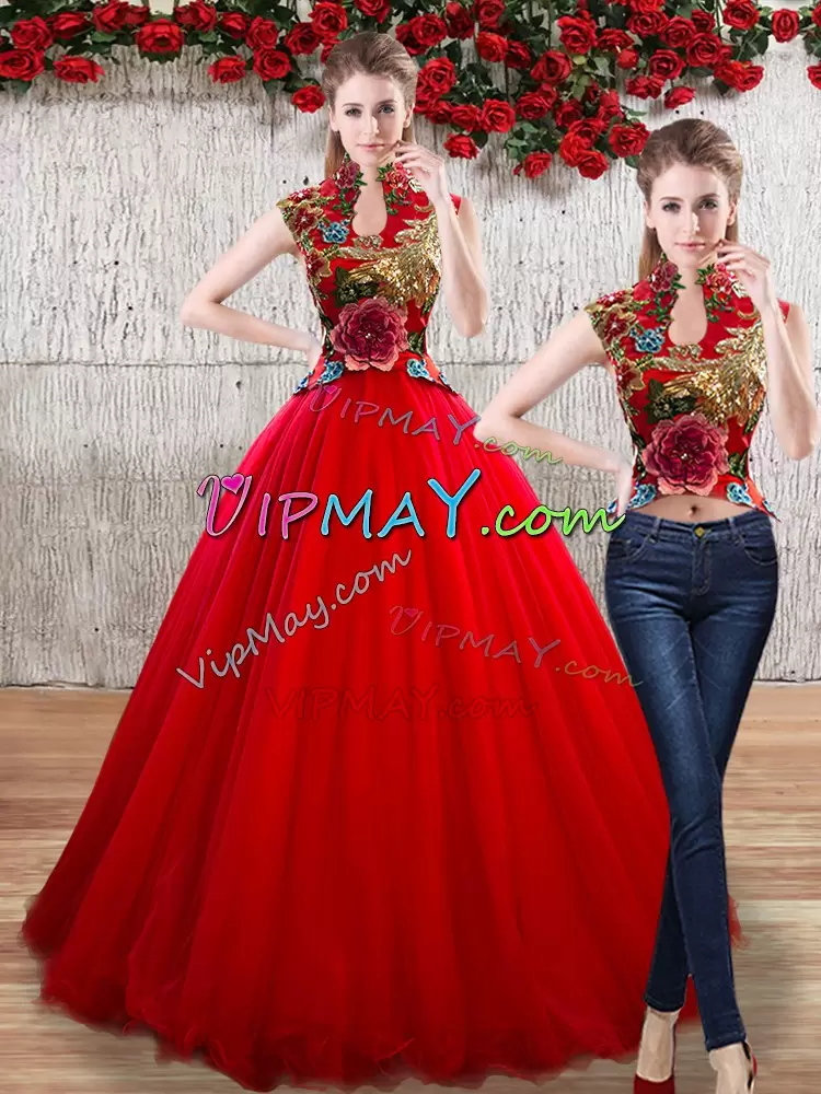 Suitable Red Ball Gowns High-neck Sleeveless Organza Floor Length Lace Up Appliques Sweet 16 Dresses