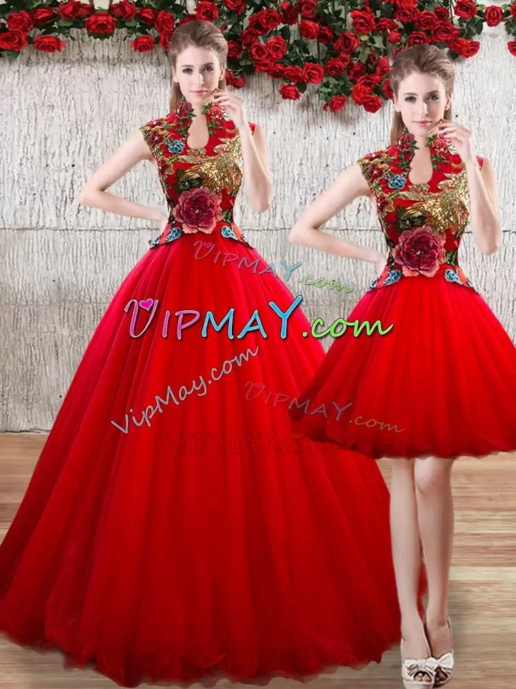 Suitable Red Ball Gowns High-neck Sleeveless Organza Floor Length Lace Up Appliques Sweet 16 Dresses