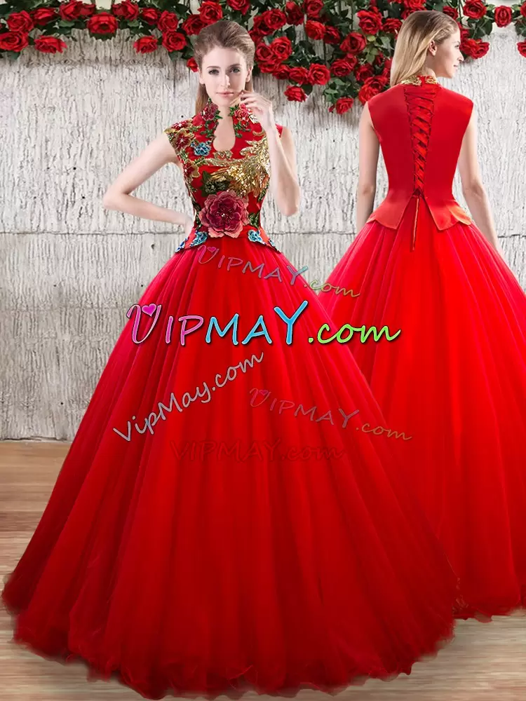 Suitable Red Ball Gowns High-neck Sleeveless Organza Floor Length Lace Up Appliques Sweet 16 Dresses