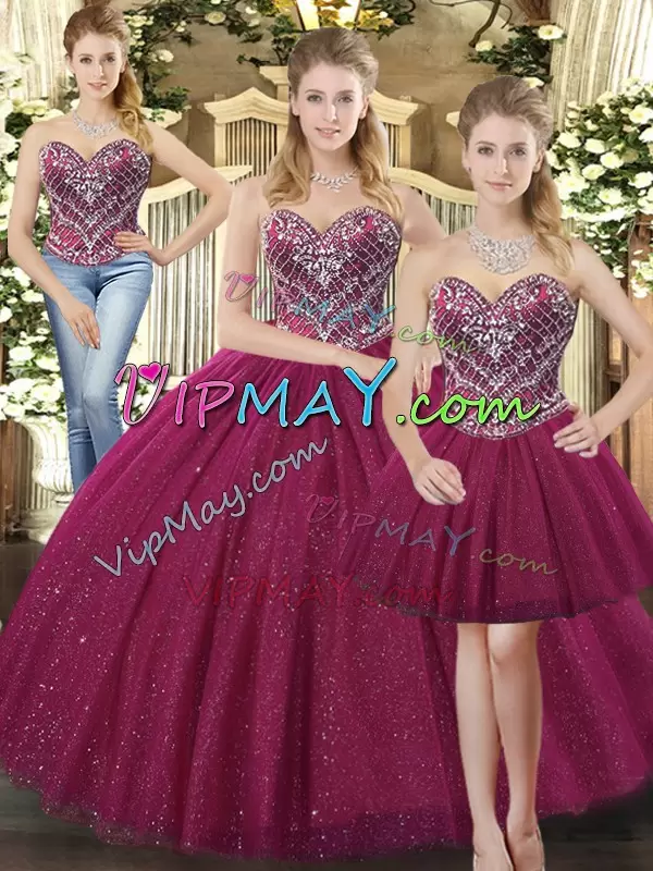 Fuchsia Tulle Lace Up Sweet 16 Quinceanera Dress Sleeveless Floor Length Beading