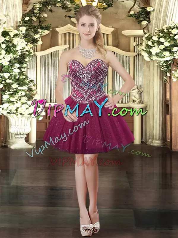 Fuchsia Tulle Lace Up Sweet 16 Quinceanera Dress Sleeveless Floor Length Beading