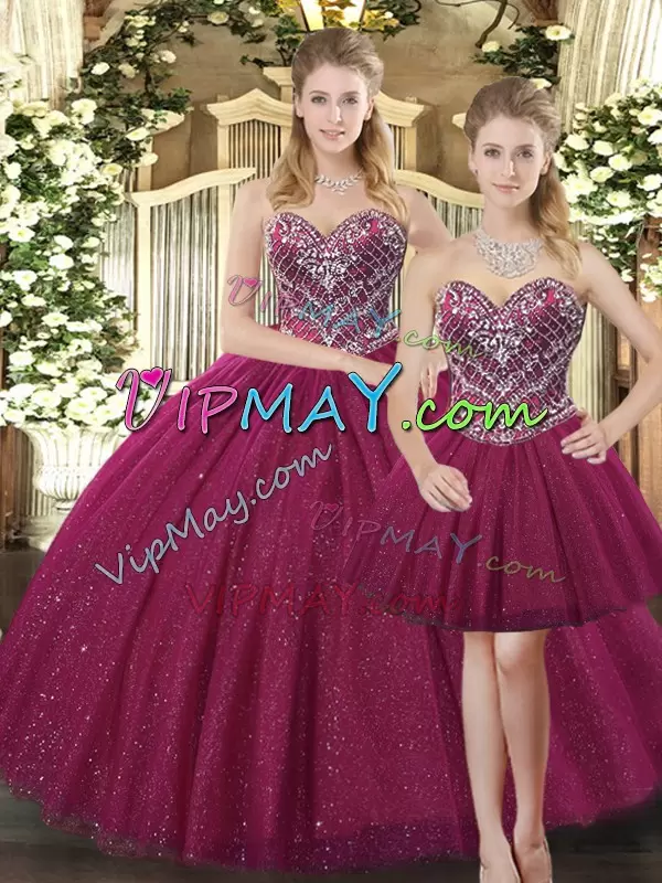 Fuchsia Tulle Lace Up Sweet 16 Quinceanera Dress Sleeveless Floor Length Beading