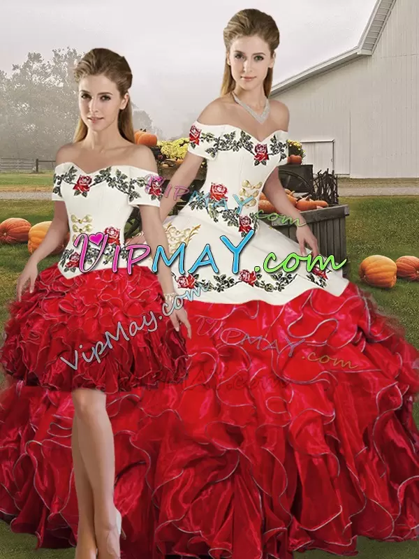 Wonderful White And Red Three Pieces Embroidery and Ruffles Sweet 16 Dresses Lace Up Organza Sleeveless Floor Length