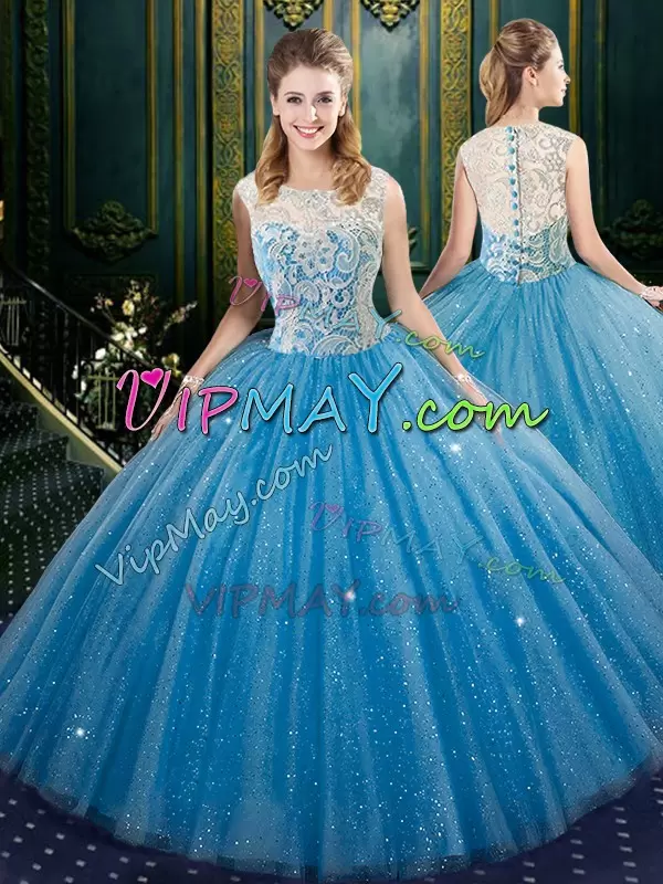 Superior Baby Blue Sleeveless Floor Length Lace Zipper Vestidos de Quinceanera High-neck