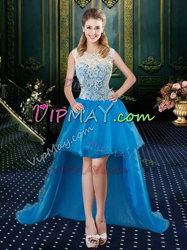 Superior Baby Blue Sleeveless Floor Length Lace Zipper Vestidos de Quinceanera High-neck