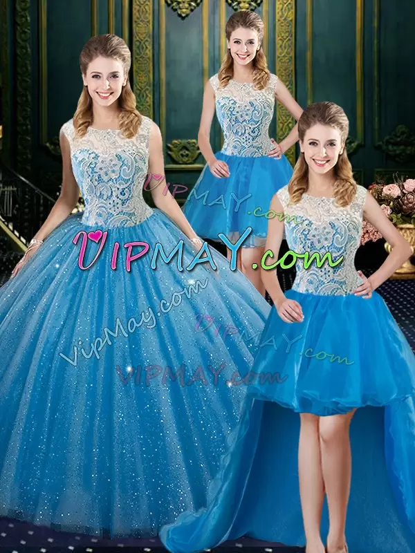 Superior Baby Blue Sleeveless Floor Length Lace Zipper Vestidos de Quinceanera High-neck