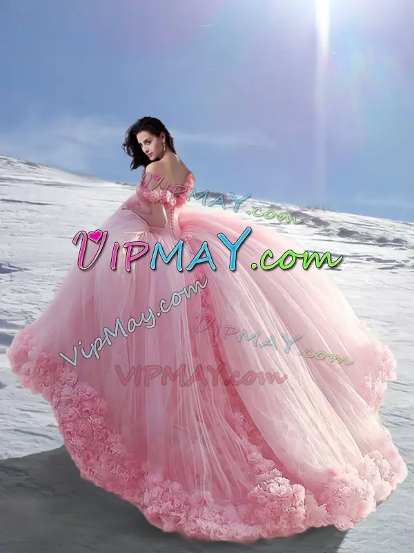 Popular Off The Shoulder Cap Sleeves Tulle Sweet 16 Quinceanera Dress Hand Made Flower Court Train Lace Up