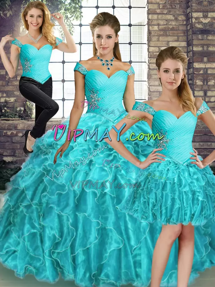 Off The Shoulder Sleeveless Organza 15th Birthday Dress Beading and Ruffles Brush Train Lace Up