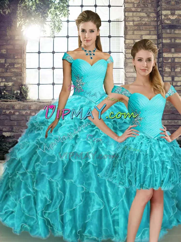 Off The Shoulder Sleeveless Organza 15th Birthday Dress Beading and Ruffles Brush Train Lace Up