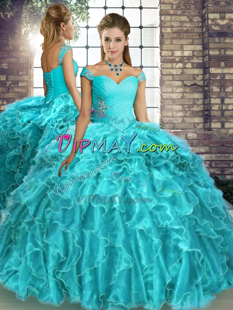 Off The Shoulder Sleeveless Organza 15th Birthday Dress Beading and Ruffles Brush Train Lace Up