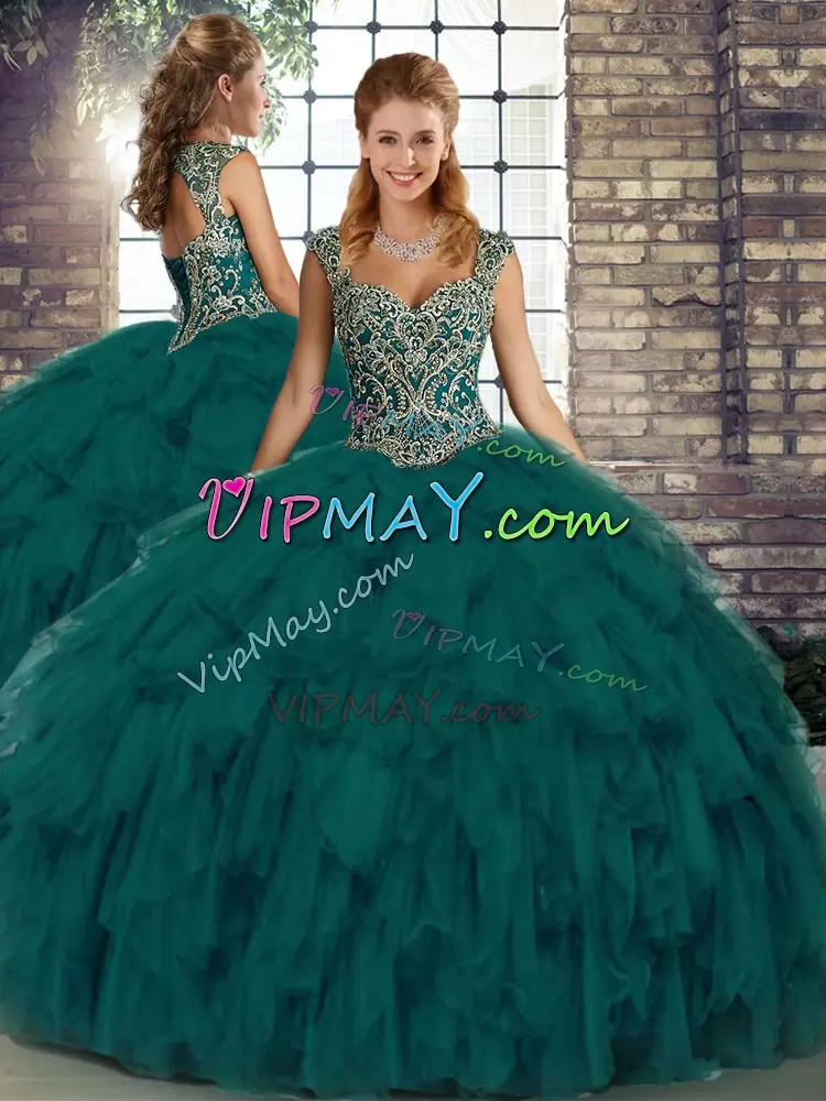 Shining Peacock Green Ball Gowns Straps Sleeveless Organza Floor Length Lace Up Beading and Ruffles Quinceanera Dress