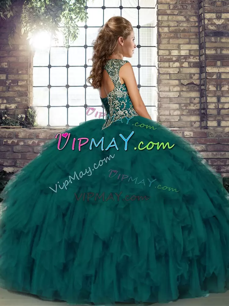 Shining Peacock Green Ball Gowns Straps Sleeveless Organza Floor Length Lace Up Beading and Ruffles Quinceanera Dress