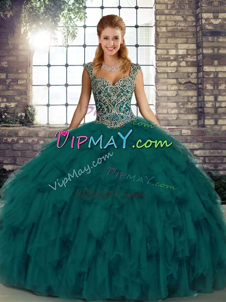 Shining Peacock Green Ball Gowns Straps Sleeveless Organza Floor Length Lace Up Beading and Ruffles Quinceanera Dress