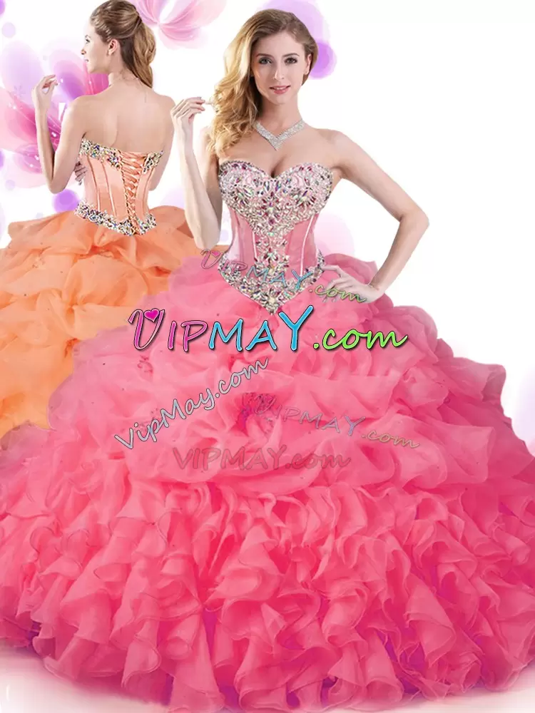 Sleeveless Sweetheart Beading and Ruffles and Pick Ups Lace Up Sweet 16 Dress