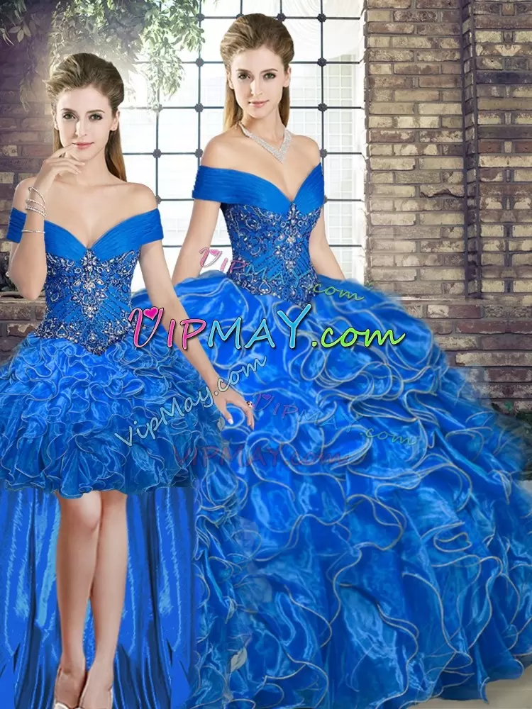 Royal Blue Three Pieces Organza Off The Shoulder Sleeveless Beading and Ruffles Floor Length Lace Up Sweet 16 Quinceanera Dress