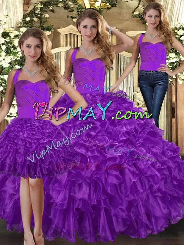 Floor Length Three Pieces Sleeveless Purple Quinceanera Dresses Lace Up