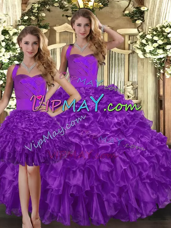 Floor Length Three Pieces Sleeveless Purple Quinceanera Dresses Lace Up