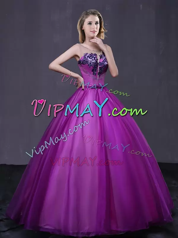 Enchanting Purple Sleeveless Tulle Lace Up Vestidos de Quinceanera for Military Ball and Sweet 16 and Quinceanera