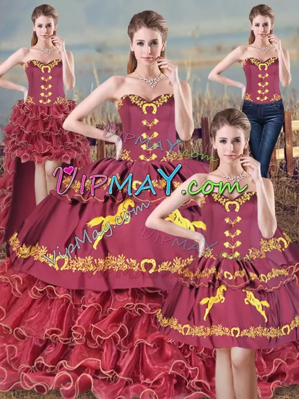 Eye-catching Sweetheart Sleeveless Quinceanera Gown Brush Train Embroidery and Ruffles Burgundy Satin and Organza