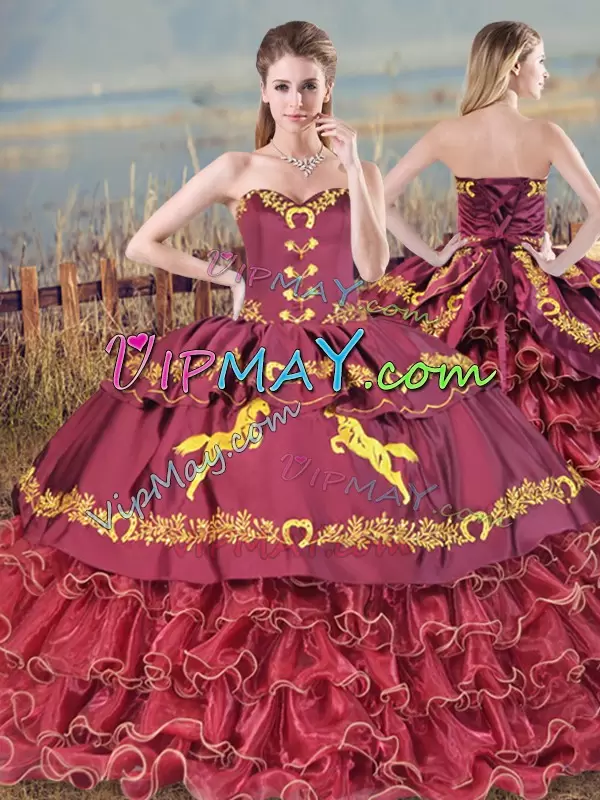 Eye-catching Sweetheart Sleeveless Quinceanera Gown Brush Train Embroidery and Ruffles Burgundy Satin and Organza