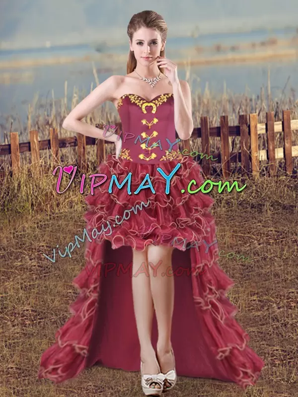 Eye-catching Sweetheart Sleeveless Quinceanera Gown Brush Train Embroidery and Ruffles Burgundy Satin and Organza