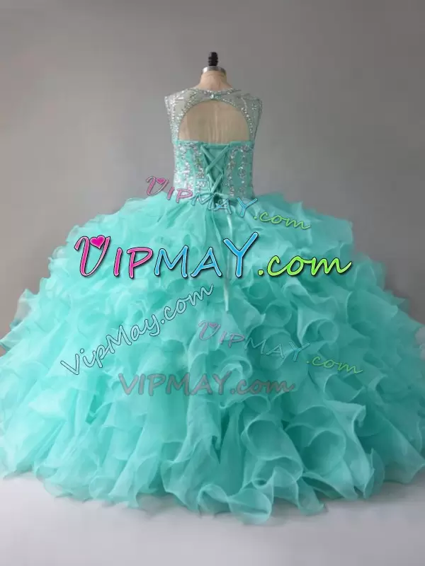 Wonderful Floor Length Lace Up 15th Birthday Dress Aqua Blue for Sweet 16 and Quinceanera with Beading and Ruffles