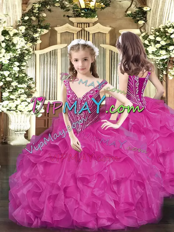 On Sale Tulle Straps Sleeveless Lace Up Beading and Ruffles Quinceanera Gown in Fuchsia