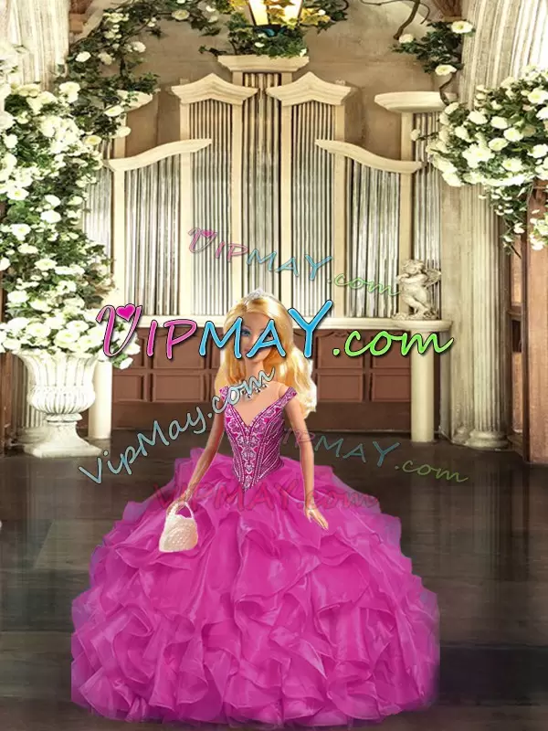 On Sale Tulle Straps Sleeveless Lace Up Beading and Ruffles Quinceanera Gown in Fuchsia