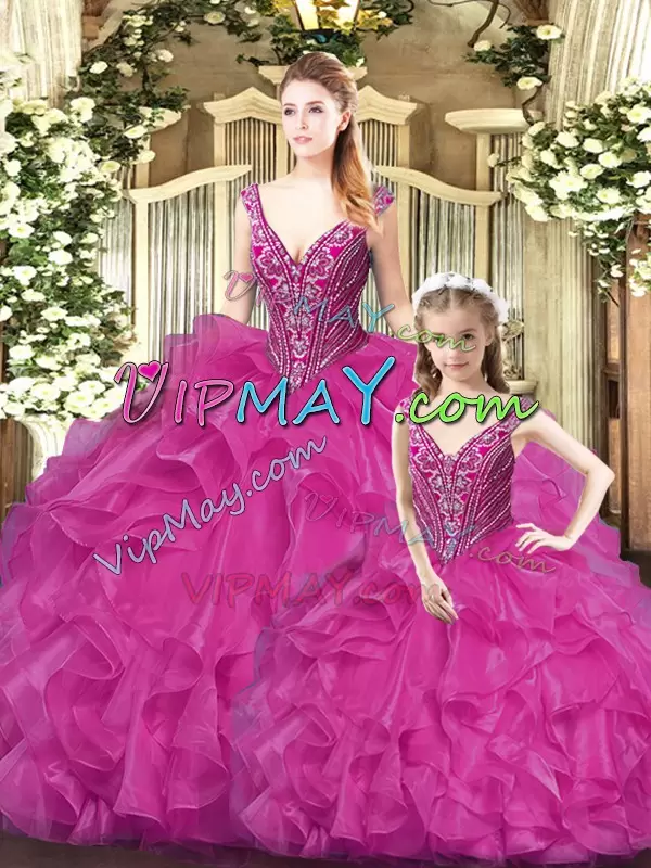 On Sale Tulle Straps Sleeveless Lace Up Beading and Ruffles Quinceanera Gown in Fuchsia