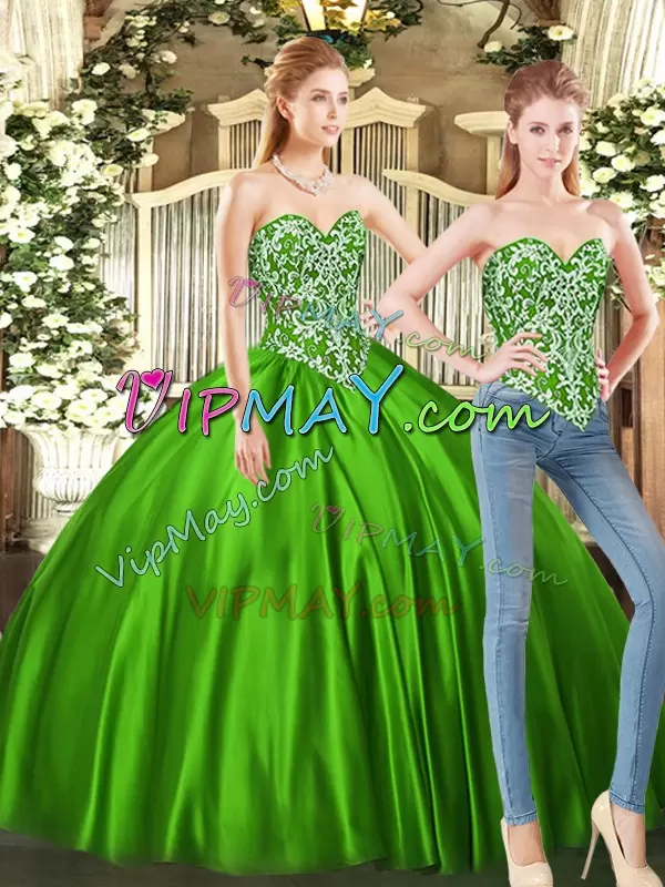 Fine Green Sleeveless Floor Length Beading Lace Up Vestidos de Quinceanera Sweetheart