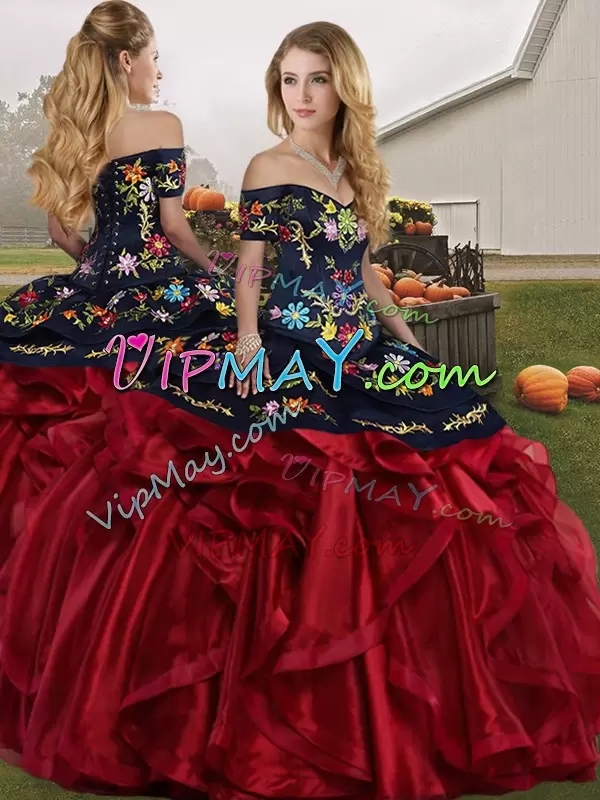 Smart Red And Black Sleeveless Organza Lace Up Quince Ball Gowns for Military Ball and Sweet 16 and Quinceanera