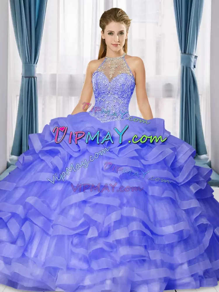 High Class Lavender Lace Up High-neck Beading and Ruffles Quinceanera Dress Organza Sleeveless