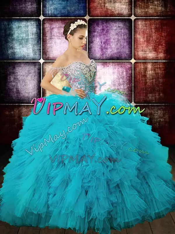 Beautiful Aqua Blue Off The Shoulder Zipper Beading and Ruffles and Sequins 15th Birthday Dress Sleeveless