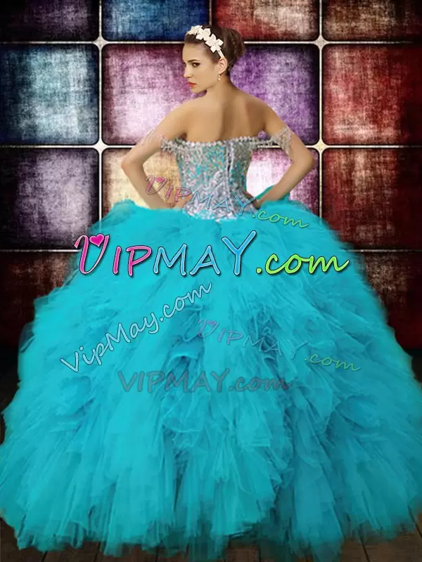 Beautiful Aqua Blue Off The Shoulder Zipper Beading and Ruffles and Sequins 15th Birthday Dress Sleeveless