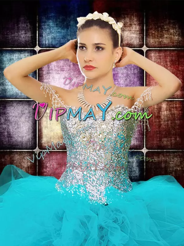 Beautiful Aqua Blue Off The Shoulder Zipper Beading and Ruffles and Sequins 15th Birthday Dress Sleeveless