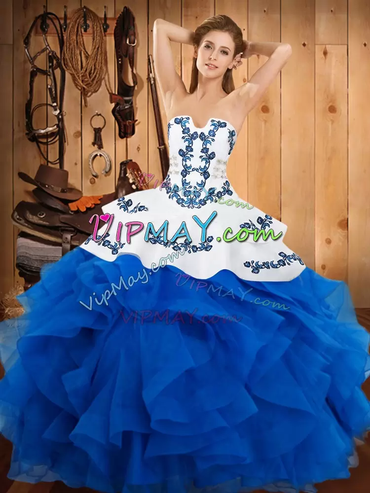 Blue Sleeveless Satin and Organza Lace Up Sweet 16 Quinceanera Dress for Military Ball and Sweet 16 and Quinceanera