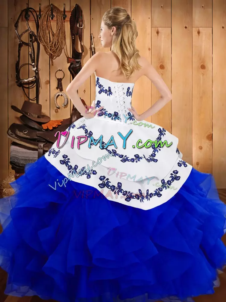 Blue Sleeveless Satin and Organza Lace Up Sweet 16 Quinceanera Dress for Military Ball and Sweet 16 and Quinceanera