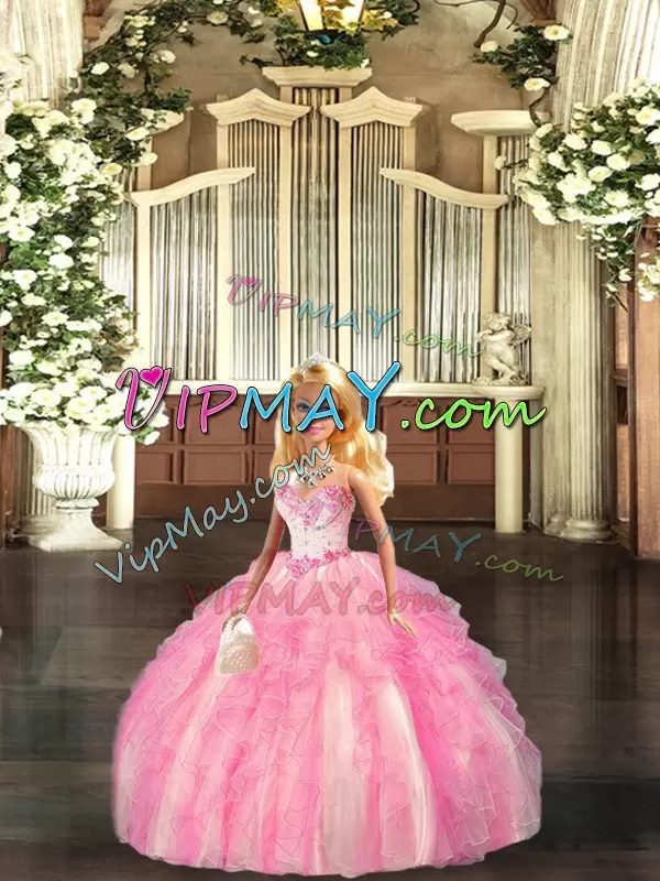 Chic Baby Pink Ball Gowns Organza Sweetheart Sleeveless Beading and Ruffles Floor Length Lace Up Sweet 16 Quinceanera Dress